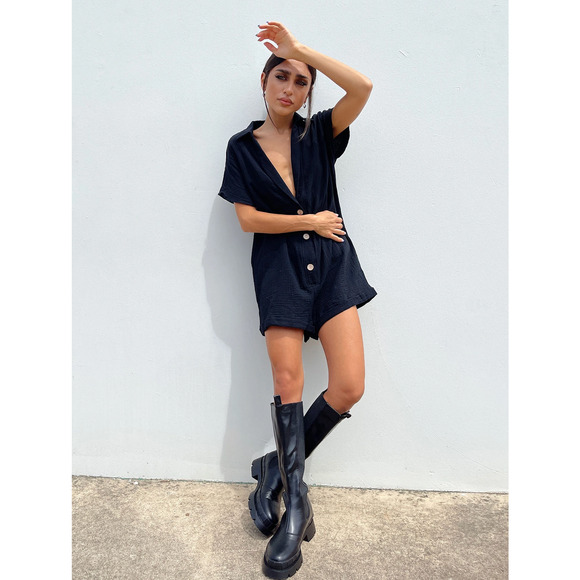 Princess Polly 6 Black Deep V-Neck Collared Short Sleeve Button Up Romper - Picture 6 of 7
